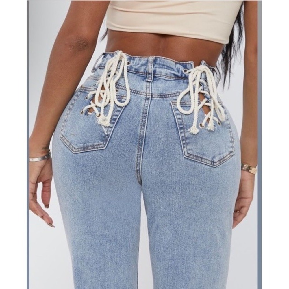 womens light blue denim skinny stretch high rise jeans size 30x29  Lace Tie Back